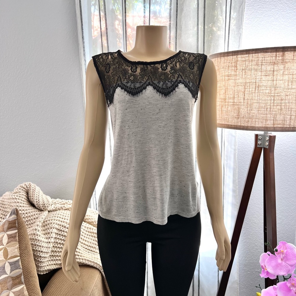 TopShop Gray Tank Top Size 10 Speckled Black Lace Sleeveless Shirt
